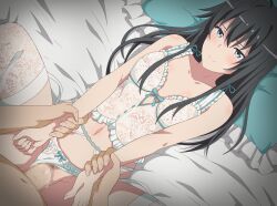 1boy 1girl artist_name babydoll bed black_hair blue_eyes blush breasts censored clothed_sex clothing_aside commentary_request commission cum cum_in_pussy eufoniuz female_pubic_hair garter_belt hetero highres long_hair looking_at_viewer missionary mosaic_censoring panties panties_aside patreon_username penis pixiv_commission pov pubic_hair revision sex small_breasts underwear underwear_only vaginal white_babydoll white_garter_belt white_panties yahari_ore_no_seishun_lovecome_wa_machigatteiru. yukinoshita_yukino