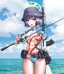 1girl absurdres animal belt_pouch bikini bikini_bottom_only blue_archive blue_eyes blue_jacket boonie_hat ceramic_plate cloud cloudy_sky cowboy_shot fish fishing_rod green_halo gun halo highres holding holding_animal holding_fish holding_fishing_rod jacket lahti-saloranta_m/26 light_machine_gun machine_gun multicolored_jacket ocean open_mouth outdoors pouch purple_hair raglan_sleeves saki_(blue_archive) saki_(swimsuit)_(blue_archive) short_hair sky solo swimsuit two-tone_jacket weapon
