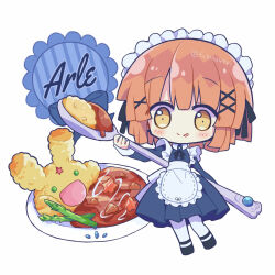 1girl :d apron arle_nadja black_dress black_shoes blush bow brown_eyes brown_hair carbuncle_(puyopuyo) chibi commentary_request curry curry_rice dress food frilled_apron frills full_body futaba969649 hair_between_eyes hair_ornament hairclip highres holding holding_plate holding_spoon holding_tray long_sleeves looking_at_viewer maid maid_apron maid_cafe maid_headdress open_mouth original plate puffy_short_sleeves puffy_sleeves puyopuyo ribbon rice shirt shoes short_hair short_sleeves simple_background smile solo spoon standing thighhighs tongue tongue_out tray waist_apron white_apron white_background white_thighhighs yellow_eyes