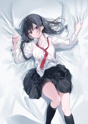 1girl absurdres ai_toka_koi_toka_kudaranai bed_sheet black_eyes black_hair black_skirt black_socks collared_shirt cover cover_image hands_up highres kneehighs long_hair long_sleeves lying miwano_rag necktie novel_illustration official_art parted_lips pillow red_necktie school_uniform second-party_source shirt skirt socks solo undone_necktie white_shirt