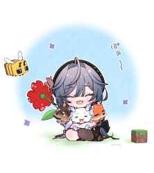 1girl 1other :d ^_^ ahoge artist_name bee bee_(minecraft) beret black_bow black_hat black_shoes block_(minecraft) block_(object) blush bow bug chibi closed_eyes commentary_request dog eyelashes flower fox fox_(minecraft) grey_hair hair_between_eyes hair_bow hair_intakes happy hat highres hug insect kisara_(nijisanji) long_hair low-tied_long_hair lunlun_(nijisanji) minecraft mugimugigo nijisanji open_mouth red_flower shoes single_leg_pantyhose sitting smile tassel twitter_username virtual_youtuber wolf_(minecraft)