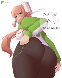 Rule 34 | 1girl, absurdres, ass, ass focus, blush, bow, breasts, doki doki literature club, embarrassed, from behind, from below, green eyes, hair bow, hair ribbon, highres, huge ass, jacket, large breasts, leaning, leaning forward, long hair, looking back, looking down, monika (doki doki literature club), orange hair, pants, ponytail, raion (raionart), ribbon, sideboob, solo, track jacket, very long hair