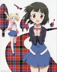 2girls :d absurdres alice_cartelet arm_up artist_name black_hair black_jacket black_shoes blonde_hair blue_eyes blue_skirt bow bowtie brown_eyes cardigan collared_shirt highres jacket kin-iro_mosaic long_sleeves looking_at_viewer miniskirt moegi_high_school_uniform multiple_girls non-web_source official_art oomiya_shinobu open_cardigan open_clothes open_mouth pink_bow pink_bowtie pink_cardigan running scan school_uniform shirt shoes short_hair skirt smile standing striped_bow striped_bowtie striped_clothes thighhighs twintails ueda_kazuyuki white_shirt white_thighhighs winter_uniform