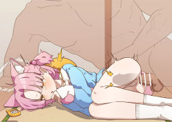 1girl anal animal_ear_fluff animal_ears blue_archive blue_shirt cat_ears cat_girl cat_tail chlorella_observation_club_member_(blue_archive) hair_bobbles hair_ornament halo highres hugging_own_tail hugging_tail kindergarten_uniform lying mountain_han on_side penis pink_hair pussy sex shirt short_hair size_difference socks spooning surprised sweat tail twitching waking_up white_socks x-ray yellow_eyes