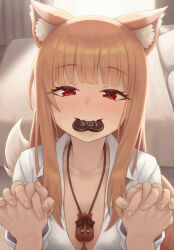 1girl anidante animal_ears bedroom blunt_bangs blush breasts brown_hair candy chocolate chocolate_heart cleavage collarbone commentary english_commentary english_text eyelashes fangs fluff food food_in_mouth half-closed_eyes heart heart-shaped_food highres holo indoors interlocked_fingers long_hair looking_at_viewer medium_breasts neck_pouch partially_unbuttoned pouch pov pov_hands red_bag red_eyes shirt solo spice_and_wolf valentine white_shirt wolf_ears wolf_girl