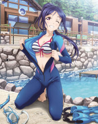 1girl artbook barefoot bikini bikini_top_only blush bodysuit breasts cleavage collarbone day diving_mask diving_suit front-tie_bikini_top front-tie_top full_body goggles grin highres kneeling long_hair looking_at_viewer love_live! love_live!_sunshine!! matsuura_kanan medium_breasts navel non-web_source official_art one_eye_closed open_bodysuit open_clothes outdoors ponytail purple_eyes purple_hair smile snorkel solo striped_bikini striped_clothes swimsuit tree unzipped water wet wetsuit