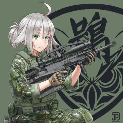 1girl ahoge anti-materiel_rifle bipod bulletproof_vest bullpup camouflage foregrip gepard_gm6_lynx gloves green_eyes gun highres jpc military military_combat_uniform military_uniform original ponytail rifle scope semi-automatic_rifle sero_international_kft silver_hair sitting sniper_rifle vertical_forward_grip weapon