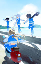 Rule 34 | 4girls, absurdres, animal ears, balancing, black hair, blue archive, blue pants, bm tol, brown hair, bucket hat, commentary request, dimples of venus, driving, fake animal ears, floating hair, grey hair, hair ornament, halo, hat, highres, jacket, midriff, miyako (blue archive), miyu (blue archive), moe (blue archive), motor vehicle, multicolored jacket, multiple girls, outdoors, outstretched arms, pants, pom pom (clothes), pom pom hair ornament, ponytail, rabbit ears, rabbit platoon (blue archive), saki (blue archive), scooter, shoes, straight hair, track jacket, twintails, two-tone jacket, uwabaki, walking