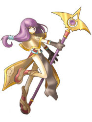 1girl 2000s_(style) artist_request bad_id boots brown_boots brown_capelet brown_gloves brown_skirt capelet elbow_gloves full_body gloves holding holding_staff looking_at_viewer lowres mage_(ragnarok_online) official_art pelvic_curtain purple_eyes purple_hair ragnarok_online showgirl_skirt simple_background skirt solo staff standing standing_on_one_leg white_background