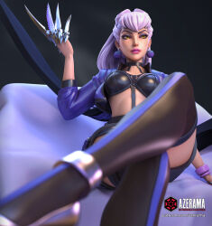 1girl arm_at_side artist_name azerama between_breasts black_background black_bra black_choker black_garter_straps black_skirt black_thighhighs blue_jacket blurry blurry_foreground bra bracelet breasts chair choker claw_(weapon) claws cone_hair_bun cowboy_shot cropped_jacket cross-laced_clothes cross-laced_skirt crossed_legs demon_girl earrings evelynn_(league_of_legends) expressionless eyeshadow foot_out_of_frame foreshortening from_below garter_straps gem hair_bun hand_on_own_face hand_rest hand_up high-waist_skirt high_heels highres jacket jewelry k/da_(league_of_legends) k/da_all_out_evelynn lashers league_of_legends leather leather_skirt long_hair looking_ahead makeup mature_female medium_breasts multicolored_jacket nose o-ring o-ring_top on_chair open_clothes open_hand open_jacket pale_skin parted_lips patreon_username pencil_skirt pink_lips pointed_bangs pom_pom_(clothes) pom_pom_earrings purple_claws purple_eyeshadow purple_gemstone purple_jacket silver_claws simple_background sitting skirt slit_pupils solo strap_between_breasts teeth thighhighs three-quarter_sleeves triangle two-tone_jacket underwear v-bangs v-shaped_eyebrows weapon white_hair yellow_eyes