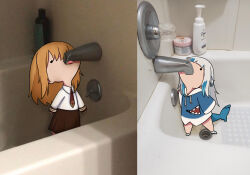 ._. animal_costume bathroom bathtub blonde_hair blue_hair blue_hoodie blunt_bangs brown_skirt chibi commentary drawstring english_commentary faucet fins fish_tail gawr_gura gawr_gura_(1st_costume) hair_ornament highres hololive hololive_english hood hood_down hoodie looking_up multicolored_hair necktie photo_background shark_costume shark_hair_ornament shark_tail sharp_teeth shirt short_hair skirt soap_bottle streaked_hair tail teeth tongue tongue_out torororose two_side_up virtual_youtuber watson_amelia watson_amelia_(1st_costume) white_hair white_shirt