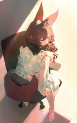 1girl animal_ears barefoot brown_hair headphones headphones_around_neck mirae283 original shirt sitting swivel_chair white_shirt
