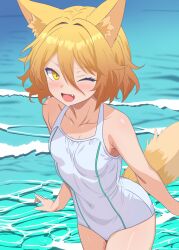 1girl ;d absurdres animal_ears blonde_hair breasts collarbone commentary_request cowboy_shot fang fox_ears fox_girl fox_tail highres kudamaki_tsukasa looking_at_viewer nara_(gsx250r_anzio) one-piece_swimsuit one_eye_closed open_mouth school_swimsuit small_breasts smile solo swimsuit tail touhou water white_one-piece_swimsuit yellow_eyes