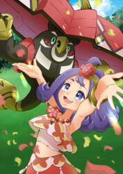 1girl :d absurdres acerola_(pokemon) acerola_(sygna_suit)_(pokemon) arms_up blue_eyes blush bracelet commentary_request day falling_petals flower gen_7_pokemon hair_flower hair_ornament highres jewelry legendary_pokemon navel necklace nintendo official_alternate_costume open_mouth outdoors petals pokemon pokemon_(creature) pokemon_masters_ex purple_hair red_flower red_skirt refisa shirt skirt sleeveless sleeveless_shirt smile spread_fingers tapu_bulu tongue topknot