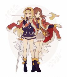 Rule 34 | 2girls, absurdres, aiguillette, black boots, black jacket, black skirt, blonde hair, blush, boots, brown hair, brown hairband, cape, chinese commentary, closed mouth, collared jacket, commentary request, crossed arms, curtained hair, epaulettes, floating, floating object, floating sword, floating weapon, full body, fur-trimmed jacket, fur trim, grey skirt, hair between eyes, hair ornament, hairband, hand on own arm, highres, jacket, jacket on shoulders, light frown, long hair, long sleeves, looking at another, looking to the side, military uniform, miniskirt, multiple girls, outstretched hand, pleated skirt, purple eyes, rapier, red eyes, red jacket, saijou claudine, shoujo kageki revue starlight, side-by-side, single horizontal stripe, skirt, standing, sword, tassel, tendou maya, waist cape, weapon, white background, white cape, x hair ornament, yellow sleeve cuffs, yellow trim, yu wan (yanbajiushiyanba)