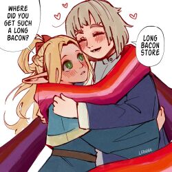 2girls blonde_hair blush closed_eyes commentary dungeon_meshi elf english_commentary english_text falin_touden falin_touden_(tallman) green_eyes heart highres hug leanna_valsierra lesbian_flag lesbian_flag_print long_bacon_store_(meme) marcille_donato meme multiple_girls pointy_ears simple_background speech_bubble upper_body white_background yuri
