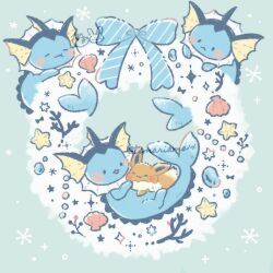 bubble christmas_wreath closed_mouth commentary_request coral eevee fins gem gen_1_pokemon highres nintendo no_humans open_mouth pearl_(gemstone) pokemon pokemon_(creature) ribbon seashell shell smile starfish temariame14 twitter_username vaporeon wreath