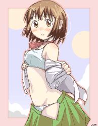 1girl ayase_fuuka blush border bra brown_eyes brown_hair embarrassed eyebrows female_focus lingerie looking_at_viewer lowres miniskirt neck_ribbon niea oekaki panties ribbon school_uniform serafuku short_hair skirt solo thick_eyebrows underwear undressing white_bra white_panties yotsubato!