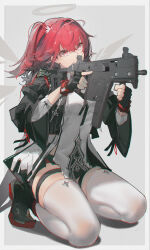 1girl adversarial_noise aiming arknights black_coat black_gloves black_shoes border chinese_commentary coat commentary_request dress exusiai_(arknights) exusiai_the_new_covenant_(arknights) fingerless_gloves frown gloves grey_background halo highres one_side_up openvl red_eyes red_hair shoes short_hair simple_background skindentation solo squatting thigh_strap thighhighs weapon weapon_request white_background white_coat white_dress white_thighhighs wings