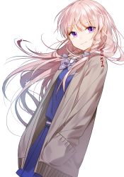 1girl blue_skirt bow bowtie braid cardigan closed_mouth cowboy_shot dutch_angle female_focus floating_hair from_side hair_bow hands_in_pockets long_hair looking_at_viewer open_cardigan open_clothes original pleated_skirt purple_bow purple_bowtie purple_eyes school_uniform serafuku side_braid silver_hair simple_background skirt smile solo sukja tsurime white_background