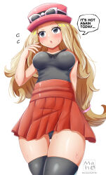 Rule 34 | 1girl, absurdres, alternate language, black eyes, black panties, black shirt, black thighhighs, blonde hair, blush, breasts, cameltoe, cowboy shot, english text, eyewear on headwear, female focus, glasses, gluteal fold, hat, high-waist skirt, highres, hot, long hair, low-tied long hair, maho (corotonton5150), medium breasts, nintendo, open mouth, paid reward available, panties, pantyshot, pink hat, pleated skirt, pokemon, pokemon xy, porkpie hat, red skirt, serena (pokemon), shirt, signature, simple background, skirt, sleeveless, sleeveless shirt, solo, sunglasses, sweat, talking, thigh gap, thighhighs, twitter username, underwear, upskirt, very long hair, white-framed eyewear, white background