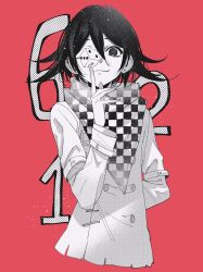 1boy arms_behind_back birthday black_hair buttons checkered_clothes checkered_scarf closed_mouth commentary danganronpa_(series) danganronpa_v3:_killing_harmony dice eyelashes flipped_hair greyscale_with_colored_background hair_between_eyes highres long_sleeves looking_at_viewer male_focus mito_(commando_seagal) oma_kokichi one_eye_covered red_background ringed_eyes scarf short_hair simple_background smile solo straitjacket symbol-only_commentary two-tone_scarf upper_body