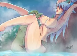 Rule 34 | 1boy, 1girl, absurdres, accidart, aqua (konosuba), blindfold, blindfolded, blue hair, breasts, colored skin, domination, from side, goblin, goblin male, green-skinned male, green skin, highres, huge breasts, kono subarashii sekai ni shukufuku wo!, monster, onsen, restrained, self-upload, sex, size difference, twitter username, water, wet