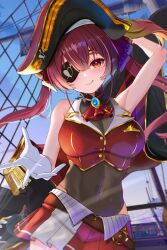 1girl :q arm_up ascot belt breasts covered_navel cropped_vest epaulettes eyepatch gloves gold_trim hat highres holding holding_jacket holding_unworn_clothes hololive houshou_marine houshou_marine_(1st_costume) inari_(ambercrown) jacket large_breasts leotard leotard_under_clothes long_hair mast miniskirt pirate pirate_hat pirate_ship red_ascot red_eyes red_hair red_skirt rope skirt solo tongue tongue_out twintails unworn_jacket vest virtual_youtuber white_gloves