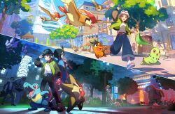 3girls 4boys :d absurdres arbok ariados arm_up artist_request bellsprout belt bird black_hat blue_belt brown_hair building bunnelby car character_request chikorita door fletchling gen_1_pokemon gen_2_pokemon gen_3_pokemon gen_5_pokemon gen_6_pokemon glint green_jacket hand_on_headwear harmony_(pokemon) hat highres holding holding_poke_ball jacket key_visual lida_(pokemon) litleo motor_vehicle multiple_boys multiple_girls nintendo noibat official_art open_mouth pants paxton_(pokemon) pidgeotto pidgey poke_ball poke_ball_(basic) pokemon pokemon_(creature) pokemon_legends:_z-a promotional_art sableye second-party_source shirt shoes sign smile socks standing staryu teeth tepig totodile tower tree upper_teeth_only white_hat white_shirt window
