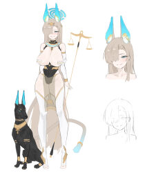 1girl absurdres alternate_costume animal_ear_fluff animal_ears asuna_(blue_archive) black_leotard blonde_hair blue_archive blue_eyes blush closed_mouth detached_sleeves dog dog_ears dog_girl dog_tail grin hair_over_one_eye highres holding holding_staff leotard long_hair pink_shoes shoes sidelocks smile solo staff tail thighhighs weighing_scale weiiew white_sleeves white_thighhighs