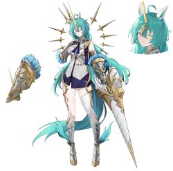 1girl absurdres ahoge animal_ears armored_boots ascot bare_shoulders blue_ascot boots breasts chinese_commentary colored_eyelashes commentary_request dress full_body gauntlets green_hair hair_between_eyes highres holding holding_polearm holding_weapon horns horse_ears horse_girl imperator_(wuthering_waves) knee_boots lance large_breasts long_hair multiple_views one_eye_closed personification polearm reference_sheet revision simple_background single_horn single_thighhigh thighhighs very_long_hair weapon white_background white_dress white_thighhighs will2012tw wuthering_waves yellow_eyes yellow_horns