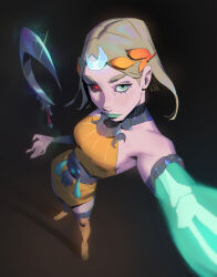 1girl ancient_greek_clothes artist_request asymmetrical_arms black_sclera blonde_hair bone colored_sclera dress glowing_arm greco-roman_clothes green_lips hades_(series) hades_2 highres holding_sickle laurel_crown melinoe_(hades) mismatched_sclera orange_dress see-through_body sickle skeletal_arm