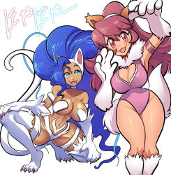 Rule 34 | 2girls, animal ears, armpits, bare shoulders, blue hair, breasts, cat ears, cat tail, cleavage cutout, clothing cutout, crossover, dark-skinned female, dark skin, darkstalkers, felicia (darkstalkers), green hair, highres, large breasts, leotard, long hair, missandydandy, multiple girls, perisie (star ocean), pink eyes, pink hair, sleeveless, star ocean, star ocean first departure, tail, white fur
