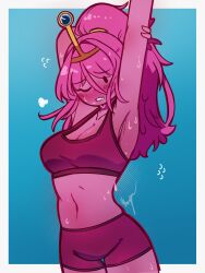 absurdres adventure_time arm_behind_head armpits blue_background blush cowboy_shot crown highres navel one_eye_closed pink_hair ponytail princess_bonnibel_bubblegum short_shorts shorts sports_bra stretching sweat usmangaa