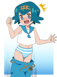 1girl accidental_exposure assisted_exposure blue_eyes blue_hair blue_pants blue_stripes blush clothes_pull embarrassed game_freak lana_(pokemon) navel nintendo non-web_source panties pants pants_falling pants_pull pantsing pokemon shirt sleeveless sleeveless_shirt striped_clothes striped_panties sweatpants underwear white_background white_panties white_shirt yume_yoroi
