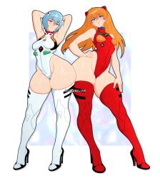 2girls adapted_costume arms_behind_head arms_up artist_name ayanami_rei bad_link bare_arms bare_hips bare_shoulders blue_eyes blue_hair boots breasts celebelian contrapposto crossed_bangs double-parted_bangs full_body hair_between_eyes hair_ornament hairpods hand_on_own_hip hand_on_own_thigh heattech_leotard high_heel_boots high_heels highleg highleg_leotard highres interface_headset_(evangelion) legs_apart leotard long_hair looking_at_viewer mecha_pilot_suit medium_breasts multicolored_leotard multiple_girls neon_genesis_evangelion orange_hair orange_leotard parted_lips pear-shaped_figure plugsuit_(evangelion) red_boots red_eyes red_leotard shiny_skin short_hair side-by-side simple_background sleeveless sleeveless_turtleneck_leotard small_breasts souryuu_asuka_langley standing symmetrical_pose symmetry thick_thighs thigh_boots thighs turtleneck twitter_username two-tone_leotard two_side_up white_background white_boots white_leotard wide_hips