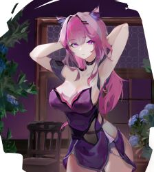 1girl alternate_costume animal_ears armpits black_choker breasts cat_ears chinese_commentary choker cleavage commentary_request dress elysia_(honkai_impact) gui_yan_chun highres honkai_(series) honkai_impact_3rd large_breasts long_hair on_chair pink_hair plant purple_dress purple_eyes thighs
