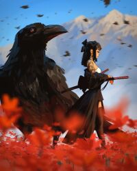 1girl animal arm_tattoo bird black_bird black_hair black_ribbon black_skirt black_sleeves black_thighhighs blurry blurry_background blurry_foreground breasts closed_eyes closed_mouth crow day depth_of_field detached_sleeves feet_out_of_frame field flock flower flower_field from_side hand_on_sheath highres jewelry katana long_hair miniskirt mountain mountainous_horizon neck_tattoo necklace original outdoors oversized_animal profile red_eyes red_flower ribbon sam_yang scabbard sheath sidelocks skirt small_breasts solo standing sword tattoo thighhighs weapon zettai_ryouiki