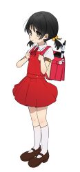 1girl :/ ascot backpack bag black_hair bongnom brown_shoes closed_mouth dress flute full_body hair_bobbles hair_ornament highres instrument kaai_yuki kneehighs light_frown loafers looking_ahead plaid_ascot plaid_clothes randoseru red_ascot red_bag red_dress school_bag school_uniform shirt shoes short_hair short_sleeves short_twintails simple_background socks solo standing twintails vocaloid white_background white_shirt white_socks yellow_eyes