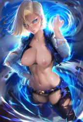 1girl android android_18 belt blonde_hair blue_eyes blue_theme breasts breasts_out cleavage dragon_ball dragonball_z female_focus highres hip_focus jacket large_breasts legs long_hair navel nipples no_panties pantyhose realistic sakimichan shirt shoes short_hair shorts solo standing stomach thighs torn torn_clothes torn_pantyhose wide_hips