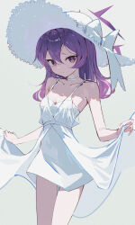1girl absurdres alternate_costume bare_arms bare_shoulders blue_archive blush breasts closed_mouth clothes_lift cowboy_shot dan_nako dress dress_lift haruka_(blue_archive) hat highres lifting_own_clothes long_hair looking_at_viewer simple_background sleeveless sleeveless_dress smile solo spaghetti_strap standing sun_hat sundress white_background white_dress