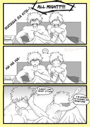 abs anger_vein angry_vein armpits bakudeku bakugou_katsuki bed bed_sheet bedroom blanket boku_no_hero_academia bones_(company) cellphone commentary completely_nude curly_hair embarrassed english_commentary freckles hickey hickey_marks midoriya_izuku muscular nervous nude on_bed pectorals phone relief ringtone scar scar_on_arm scared scratches sex shounen_jump spiked_hair surprised vero_gisse waking_up yaoi