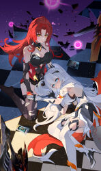 2girls absurdres armpit_crease bare_shoulders black_gloves black_thighhighs blue_eyes boots breasts bright_pupils checkered_floor chinese_commentary cleavage closed_mouth commentary_request crying crying_with_eyes_open dress elbow_gloves gauntlets gloves hair_between_eyes hair_down hair_ornament hair_spread_out high_heel_boots high_heels highres honkai_(series) honkai_impact_3rd kiana_kaslana kiana_kaslana_(herrscher_of_flamescion) kneeling lap_pillow large_breasts long_hair looking_at_viewer lying multiple_girls murata_himeko murata_himeko_(vermillion_knight) no_shoes on_side paper parted_bangs parted_lips picture_frame planted planted_sword planted_weapon ponytail purple_sky red_hair sideboob sidelocks sky smile sword tears thigh_boots thighhighs thighs torn_clothes torn_thighhighs very_long_hair vial weapon white_dress white_footwear white_hair white_pupils yellow_eyes yuan_zhen