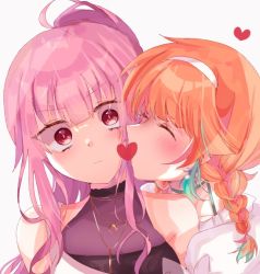 0_0 2girls ^_^ bad_id bad_twitter_id bare_shoulders blush braid choker closed_eyes couple crop_top earrings feather_earrings feathers hairband hololive hololive_english jewelry kiss mori_calliope multiple_girls necklace o_o official_alternate_costume orange_hair surprised takanashi_kiara takanashi_kiara_(casual) tosiosito twin_braids virtual_youtuber yuri