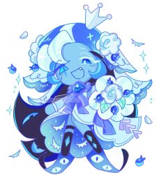 1boy :d alternate_costume blue_dress blue_eyes blue_hair blue_skin blueberry bouquet colored_skin cookie_run cookie_run:_kingdom crown dress eyelashes fang flower food fruit heterochromia holding holding_bouquet katkit637729776 long_hair looking_at_viewer male_focus mini_crown multicolored_hair open_mouth purple_ribbon ribbon shadow_milk_cookie simple_background smile solo sparkle two-tone_hair very_long_hair white_hair