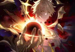 0p78xopwsj83779 1boy alternate_form bare_pectorals black_shirt blonde_hair clawed_gauntlets cracked_skin hair_between_eyes halo halo_behind_head hashtag-only_commentary highres honkai:_star_rail honkai_(series) male_focus material_growth pectorals phainon_(honkai:_star_rail) shirt short_hair solo torn_clothes torn_shirt upper_body yellow_blood yellow_eyes