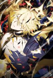 1boy absurdres alternate_form artist_name asymmetrical_wings black_shirt black_wings blonde_hair cracked_skin hair_between_eyes halo halo_behind_head highres honkai:_star_rail honkai_(series) looking_at_viewer male_focus material_growth noes phainon_(honkai:_star_rail) serious shirt short_hair solo torn_clothes torn_shirt v-shaped_eyebrows wings yellow_blood yellow_eyes yellow_wings