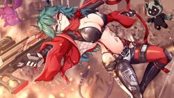 1girl absurdres aruna_reaver black_gloves black_horns black_pants blue_eyes breasts cosplay demon_cat demon_girl demon_horns demon_tail fingerless_gloves glasses gloves goddess_of_victory:_nikke green_hair guurei head_wings heterochromia highleg highleg_panties highres holding holding_weapon horns indie_virtual_youtuber jacket large_breasts leg_tattoo long_hair lowrise lowrise_pants navel open_clothes open_jacket panties pants panty_straps red_eyes red_hood_(nikke) red_hood_(nikke)_(cosplay) red_jacket second-party_source semi-rimless_eyewear stomach_tattoo tail tattoo trigger_discipline underwear virtual_youtuber weapon wings zipper
