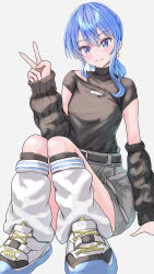 1girl absurdres alternate_color arm_support arm_warmers asymmetrical_sidelocks belt black_arm_warmers black_belt black_shirt blue_eyes blue_hair blush breasts closed_mouth clothing_cutout earrings full_body grey_shorts hair_between_eyes hand_up highres hololive hoshimachi_suisei hoshimachi_suisei_(11th_costume) jewelry knees_up leg_warmers long_hair looking_at_viewer nail_polish ponytail shirt shirt_tucked_in shoes short_sleeves shorts shoulder_cutout simple_background sitting small_breasts smile solo star_(symbol) star_earrings star_in_eye symbol_in_eye turtleneck turtleneck_shirt v virtual_youtuber watermark white_background white_leg_warmers white_shoes yashipom yellow_nails