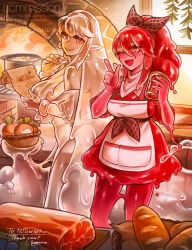 2girls apron bandana bandana_around_neck basket bread breasts brick_oven colored_skin commentary_request commission cowboy_shot food hands_up highres hogara holding holding_basket holding_jar holding_scroll indoors jar large_breasts long_hair meat monster_girl multiple_girls one_eye_closed original oven pointy_ears red_eyes red_hair red_skin scroll skeb_commission slime_girl very_long_hair